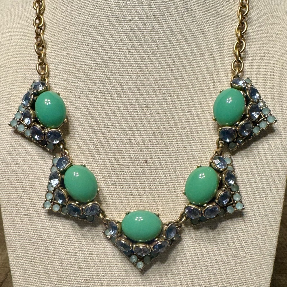Stella and Dot Statement Blue and Green Crystal Necklace Gold Tone